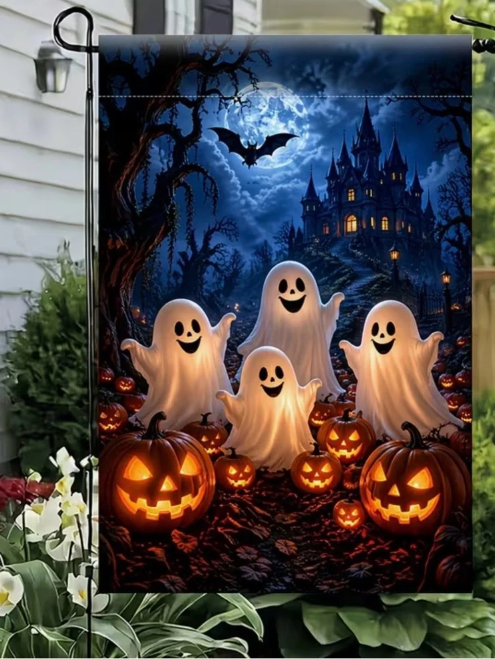Halloween Cute Ghosts & Jack-O'-Lantern Garden Flag Spooky Night Haunted House
